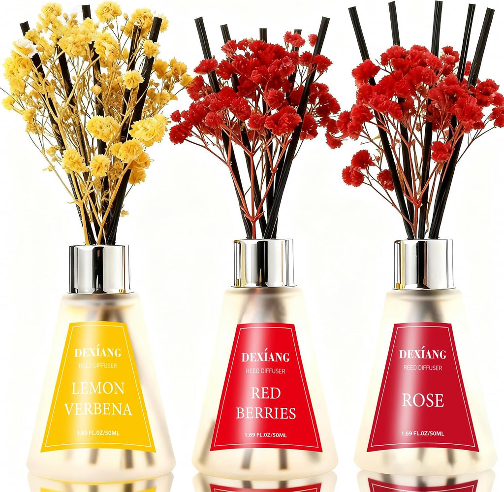Reed Diffuser Set of 3 Packs, Lemon Verbena/Rose/red Berry Oil Diffuser Reed Diffuser for for Home, Bathroom, Office Decor 1.7 Fl.oz, Total 5.1Oz