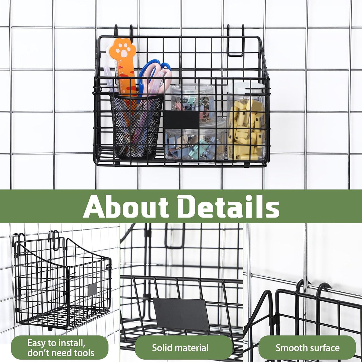 Blulu 4 Pcs Grid Wall Baskets, Wire with Hooks for Hanging, 11 x 8 x 6 Inch