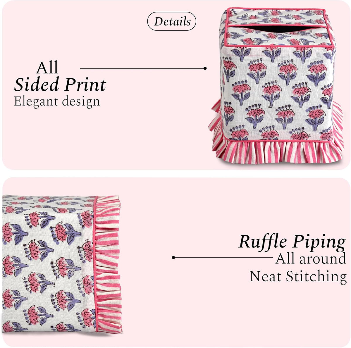 CPC 100% Cotton Ruffle Block Print Tissue Box Cover, Pink Sapphire