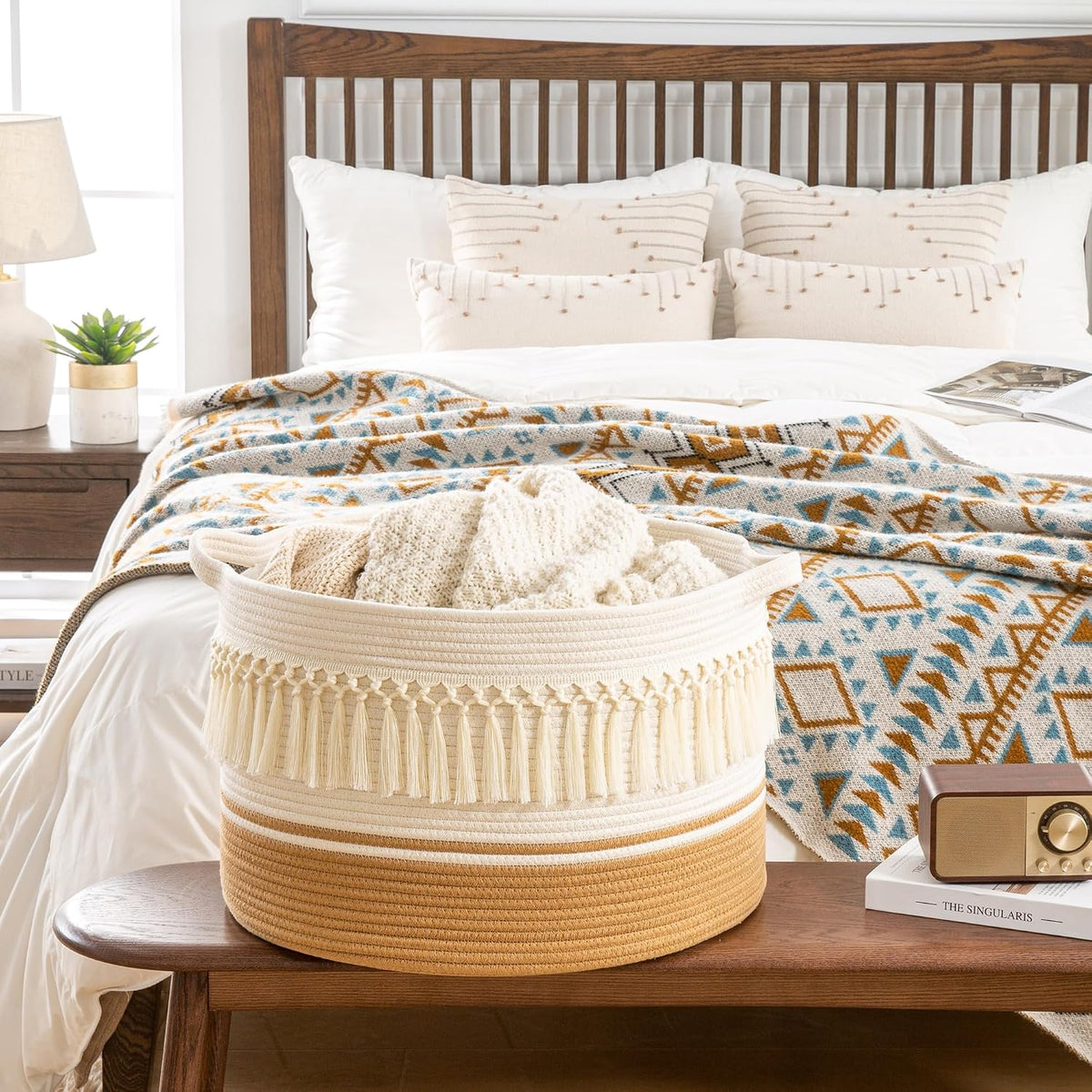 KAKAMAY Large Blanket Basket (20"x13"),Woven Baskets for storage Baby Laundry Hamper, Cotton Rope Blanket Basket for Living Room, Laundry, Nursery, Pillows, Baby Toy chest (White Fringe)