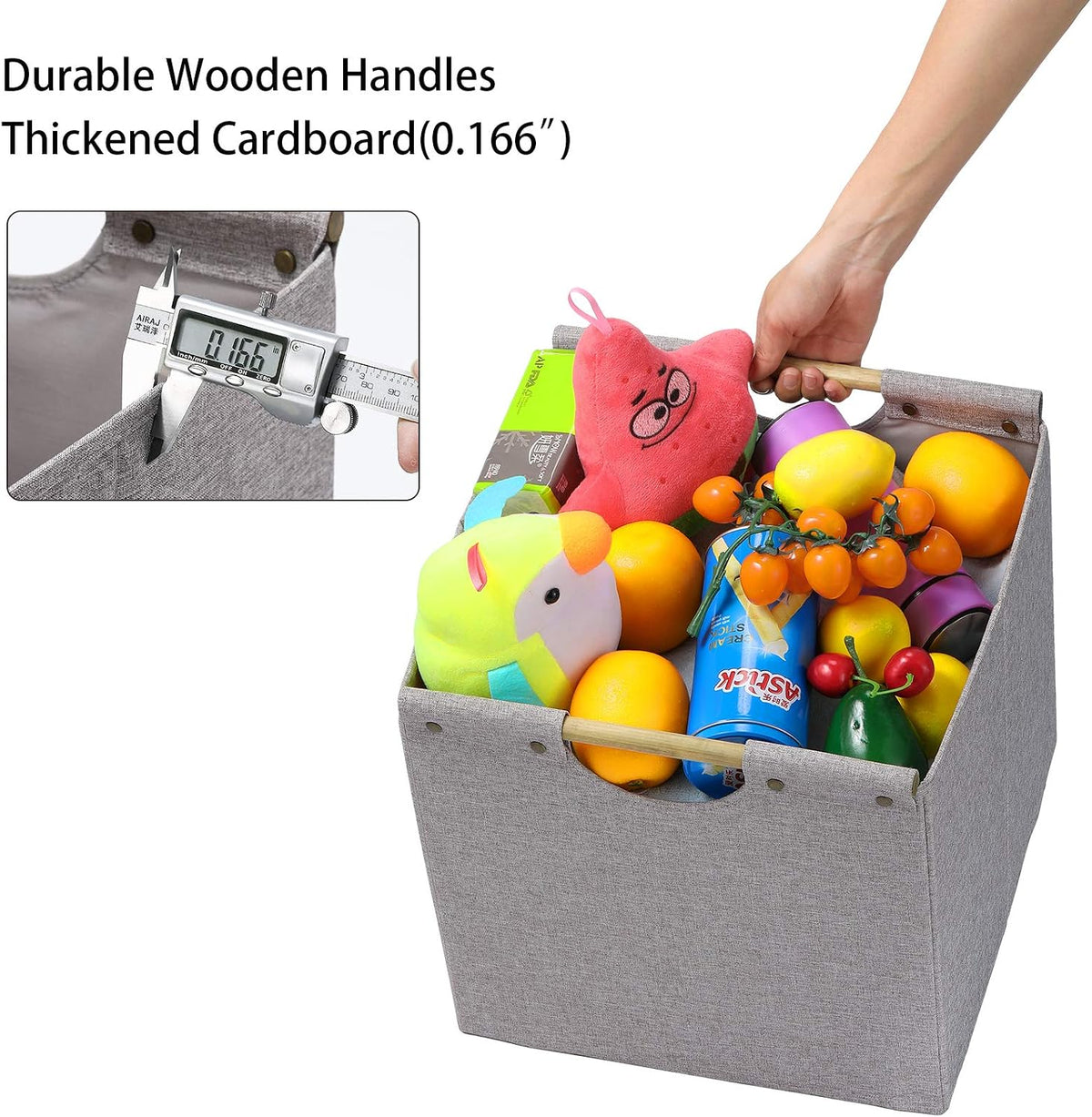 HOONEX Collapsible Storage Bins, 12x12x12in Storage Cubes Linen Fabric, 3 Pack, Storage Baskets with Wooden Carry Handles and Sturdy Heavy Cardboard, for Home, Office, Car, Nursery, Light Grey