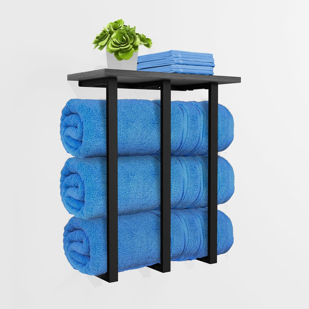 Towel Rack Wall Mounted with Shelf, Beautiful Storage for Small Bathroom, Neat Organizer for Rolled Towels, 3 Sturdy Iron Bars & Holds 25kg Weight