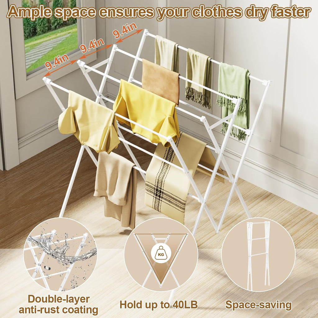 Extra Large Clothes Drying Rack Foldable Clothing Drying Rack 33" W x 37" H x 27.5" D, Space-Saving Portable Laundry Drying Rack for Outdoor & Indoor, White