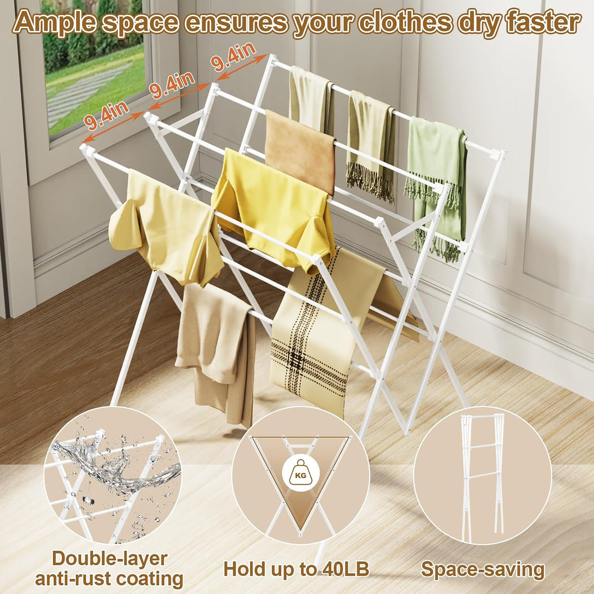 Extra Large Clothes Drying Rack Foldable Clothing Drying Rack 33" W x 37" H x 27.5" D, Space-Saving Portable Laundry Drying Rack for Outdoor & Indoor, White