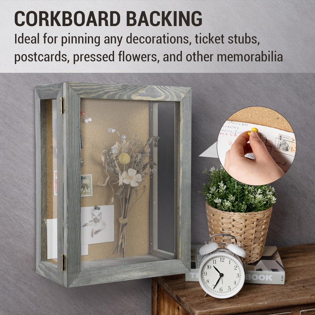 MyGift 11x15 Deep Shadow Box Frame, Display Case Wall Mount for Picture, Heirloom, Home Office Décor, Wedding & Military Memorabilia Display, Solid Wood, Clear Acrylic, Magnetic Lock, Grey