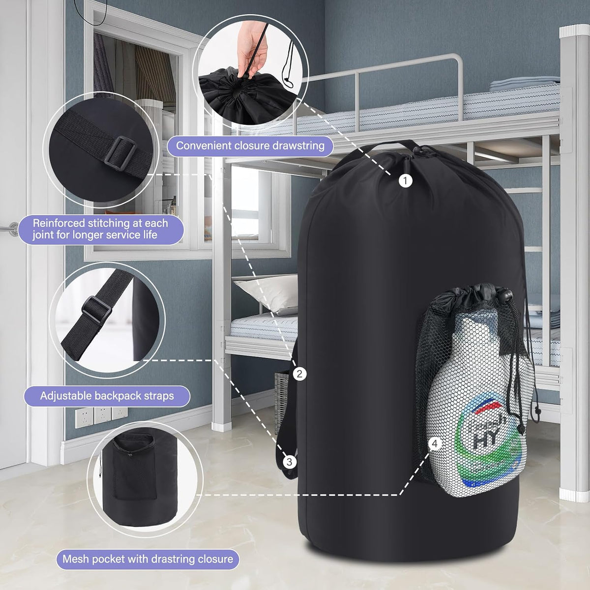 WOOHA 95L Backpack Travel Laundry Bag with Shoulder Straps and Mesh - Durable Polyester Laundry Hampers for Travel, Apartments, Laundromats and Universities (Black)