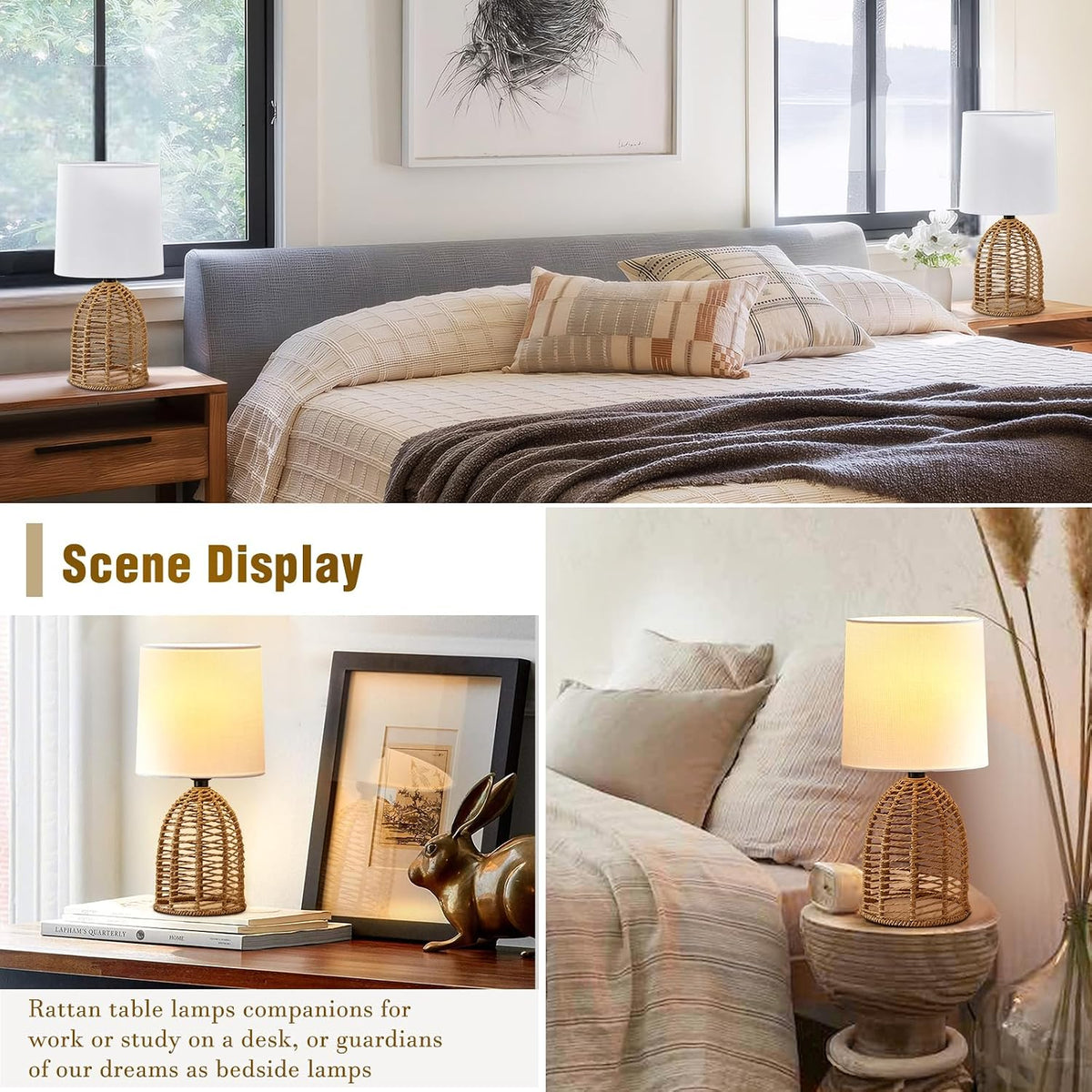EJIAXIN Small Table Lamp -13.75" Boho Rattan Lamp - Bedside Farmhouse Lamps