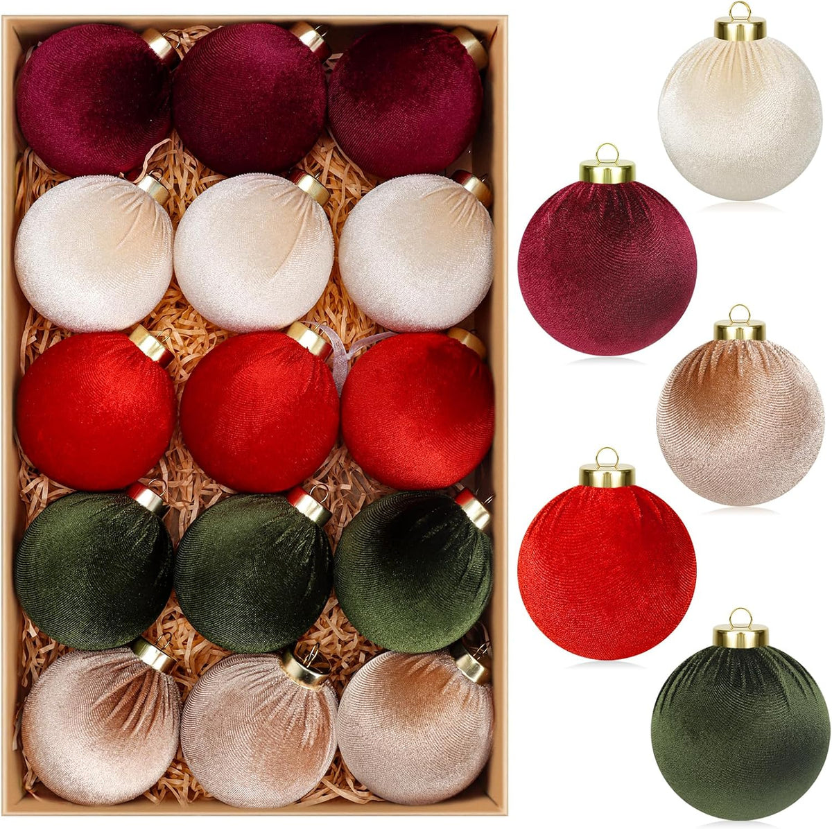 15 Pcs 3.15" Velvet Christmas Ornaments Balls, Xmas Tree Decor-Red