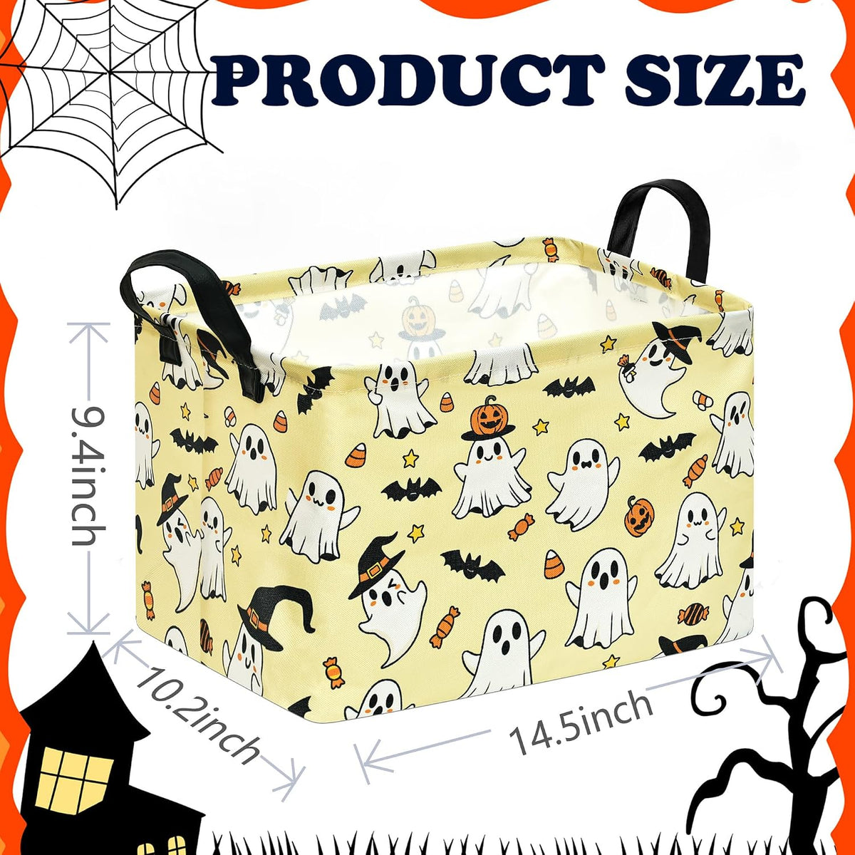 Halloween Storage Basket, Yellow Ghost Pumpkin Cotton Linen Storage Bin with Leather Handles, Foldable Rectangle Organizer for Toys, Clothes, Gifts, Bedroom, Playroom, Nursery