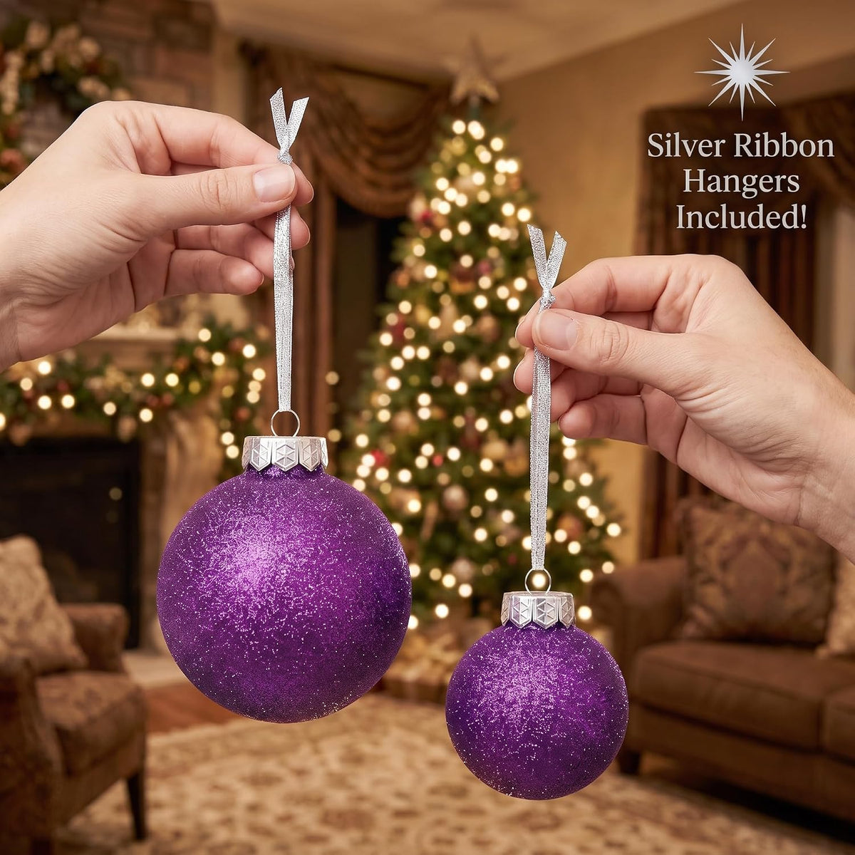 Purple Christmas Ornaments Ball Set for Tree Decor, Glitter