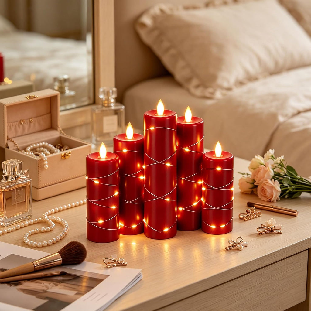 Da by 5 Pack Red Real Wax Flameless Taper Candles, Lifelike Flickering LED Candles with Copper String Lights, Battery Operated Candles with Remote for Holiday Wedding Home Decor