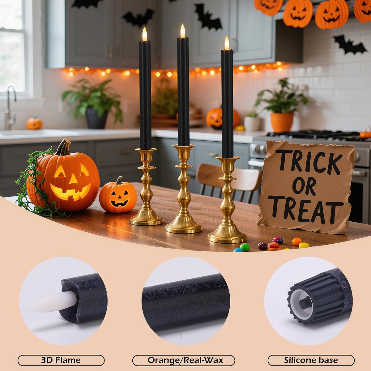 JOIONE Halloween Black Flameless Taper Candles with Remote Set of 3