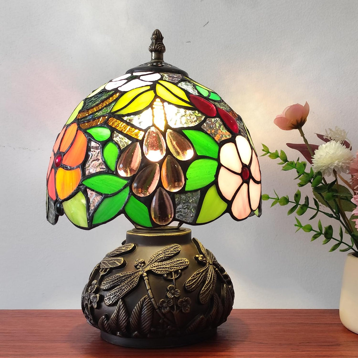 Tiffany Table Lamp 3-Way Stained Glass Style Bedside Reading Lamp Village Bedroom Nightstand Light 12inch Tall Office Home Decor Retro Unique Accent Lamp (Grapes Leaves)