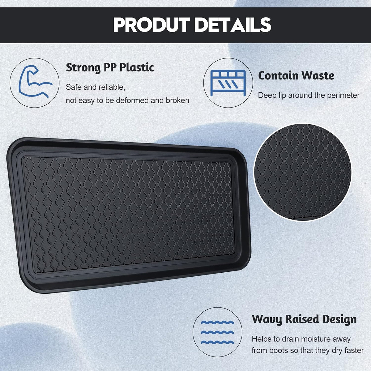 6 Pcs PET Boot Tray Waterproof Shoe Mat Tray,30 x 15 x 1.2 inch,Black