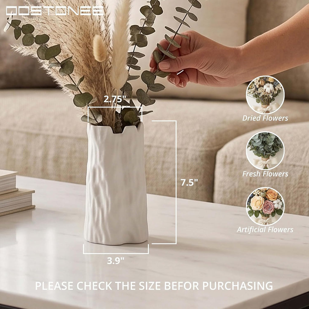 Small White Ceramic Unique Vase - Organic Nature Shape for Boho Home Decor, Flower Vase for Living Room, Entryway Table Decor, Bookshelf Decor (7.5 inch