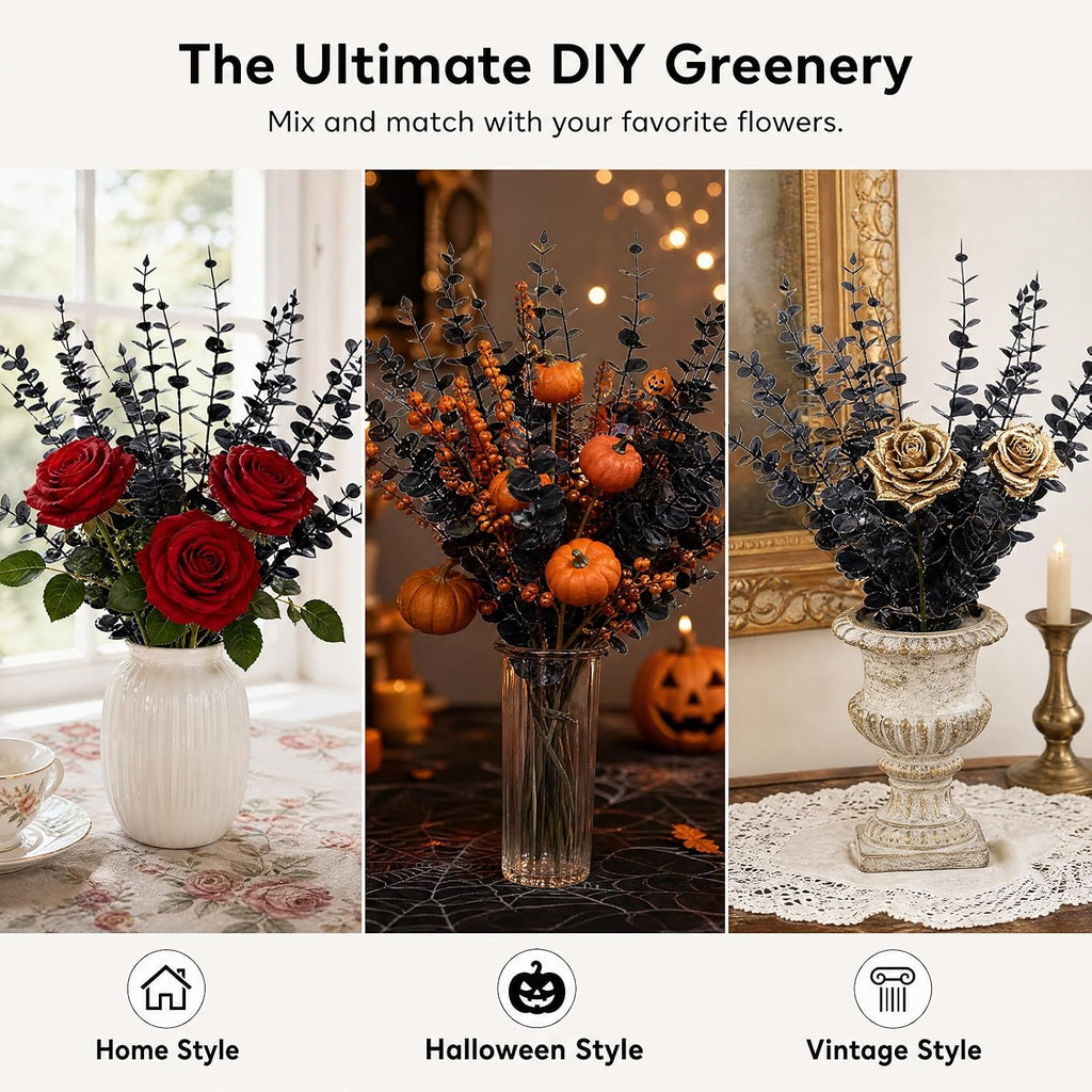 18 Pcs Artificial Eucalyptus Stems Black Leaves Fake Greenery Branches Faux Flowers Bouquet for Home Decor Wedding Centerpiece Table Decoration