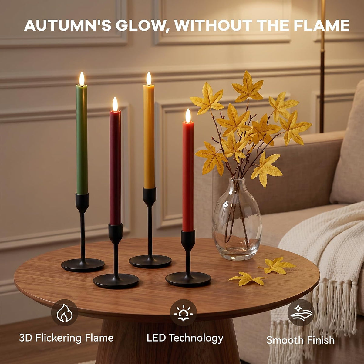 Fall Taper Candles Flameless Candle Sticks Battery Powered, Remote, 4 Pack