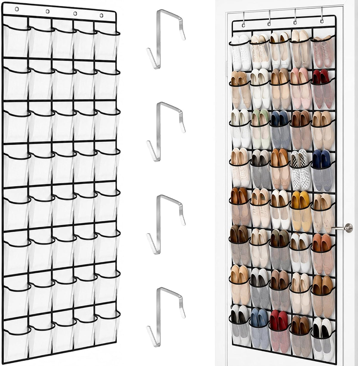 40 Pockets Over the Door Shoe Organizer, Reusable Large Capacity Breathable Mesh Pockets Shoe Holder, Space Saving Hanging Shoe Rack for Dorm Room Bedroom Entryway Closet Storage (White, 40 Pockets)