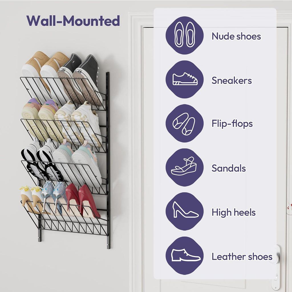 SWTYMIKI Over the Door Shoe Organizer - Adjustable 4 Tier Hanging Shoe Rack Organizer, Metal Heavy Duty Behind Door Storage or Wall Mount Shoes Shelf for Flats, Heels, Sneakers, Boots Black