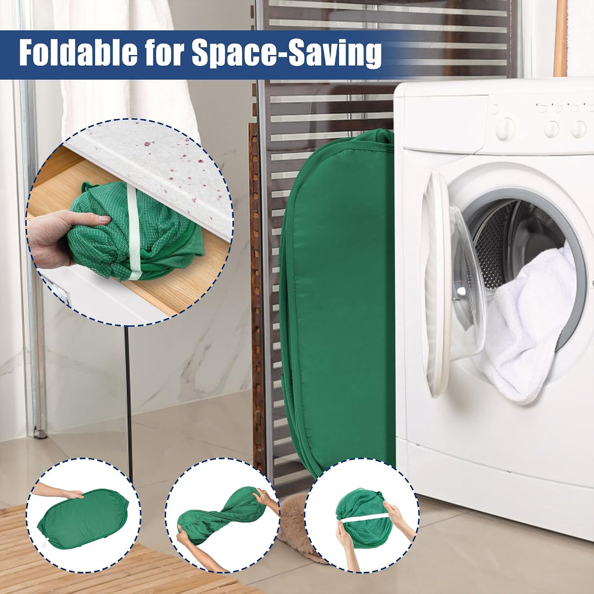 2 Pack Collapsible Laundry Baskets, Upgrade Pop Up Laundry Hamper with Convenient Bags, Foldable Laundry Basket Mesh Light Weight, Easy to Carry Clothes Hampers for Laundry, Dorm, Toys, Travel Green