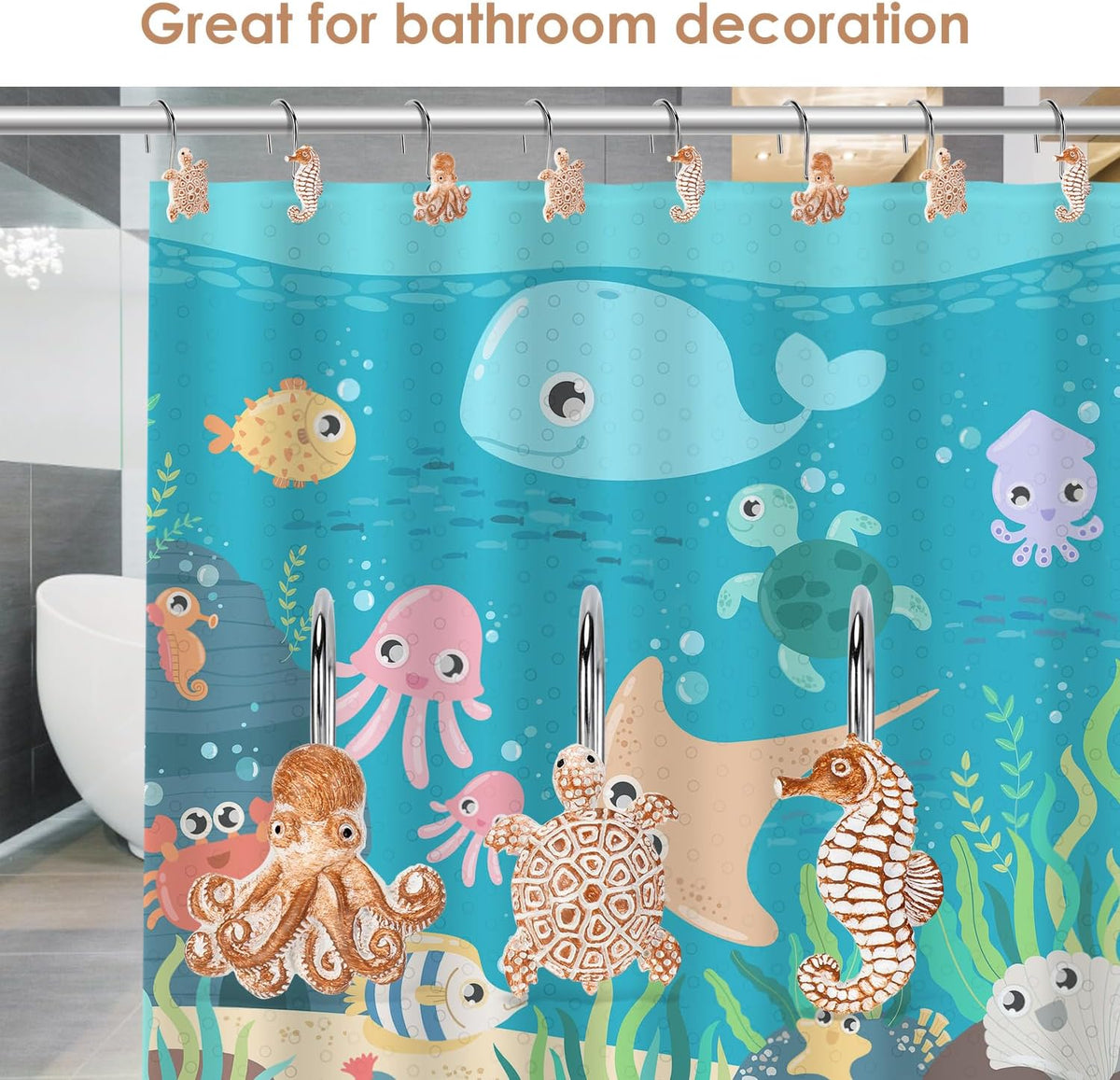 Seashell Shower Curtain Hooks, 12Pcs Decorative Anti-Rust Shower Hooks, Coastal Style Curtain Hooks for Bathroom Nursery Bedroom Living Room Decoration (Turtle Starfish Octopus)