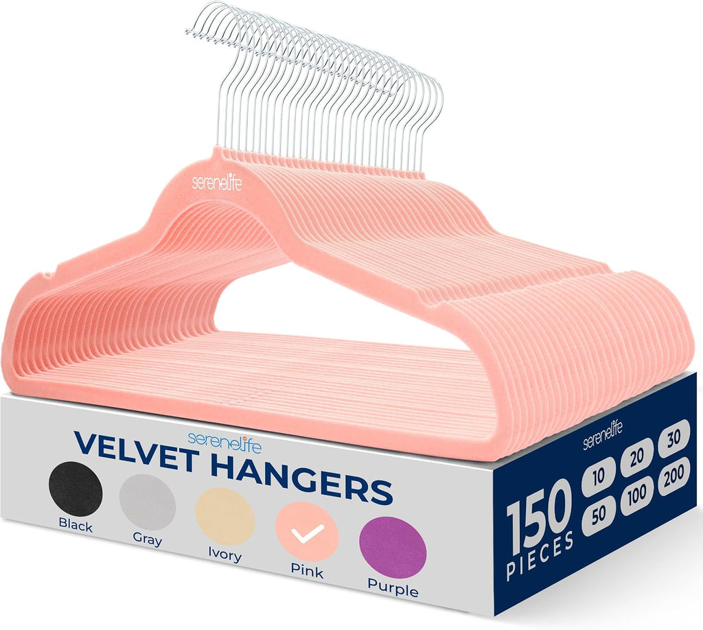 SereneLife 150 Pack Velvet Clothes Hangers | Organize Shirts, Dresses & Coats with Ease | Non-Slip, Lightweight Recycled ABS, 360° Swivel Hook, Ultra-Thin 0.24-Inch Profile, 10 Lbs Capacity | Pink