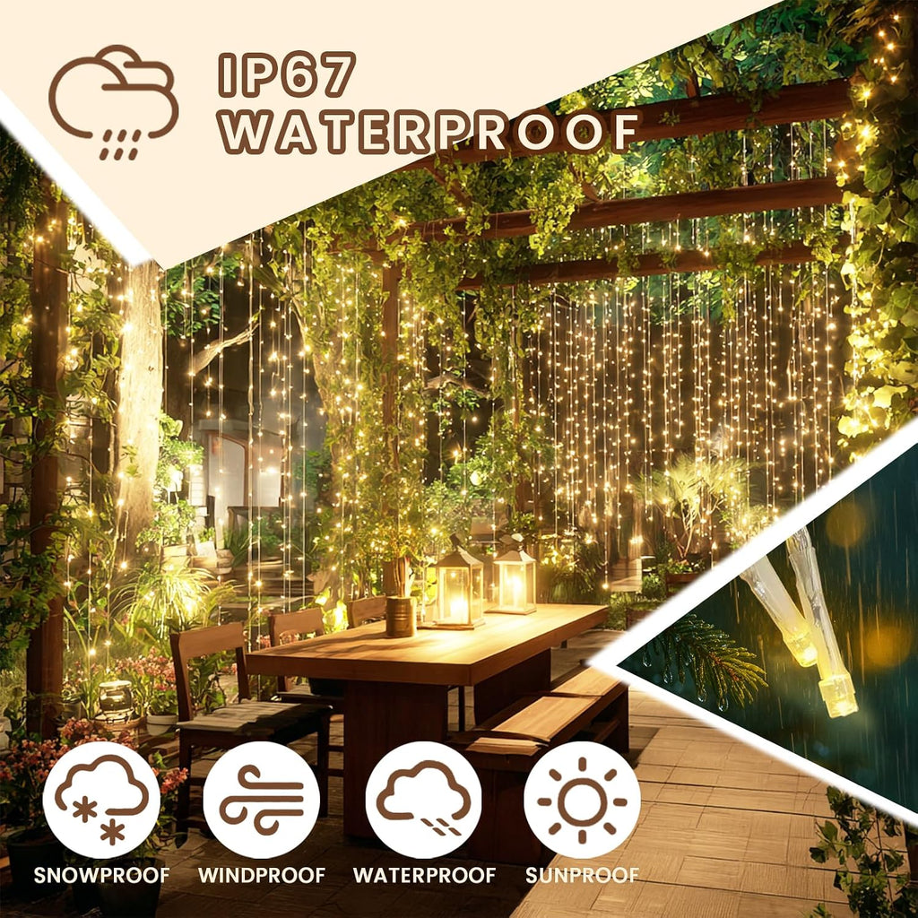 9.8x19.6Ft Curtain String Lights Plug in,600 Warm White LED Curtain Lights with Remote,Timer,Memory,Waterproof Clear Wire for Indoor Outdoor Bedroom Window Decor