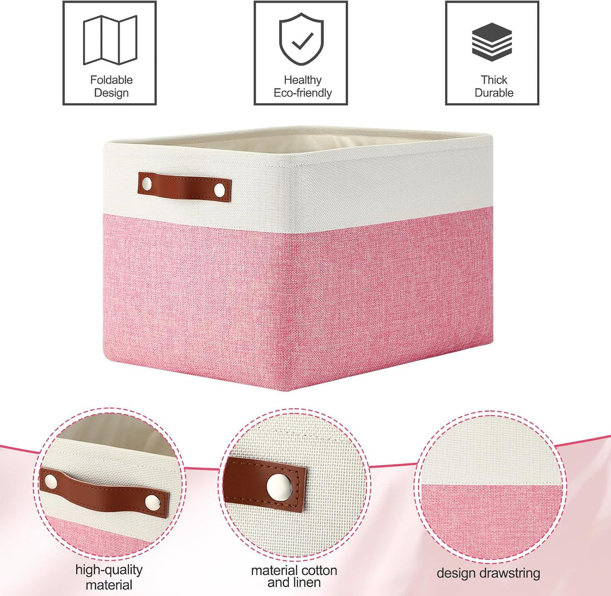 Uiifan 16 x 12 x 10 Inch 8 Pack Fabric Storage Baskets with Handles, Pink