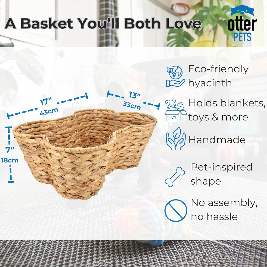 OtterPets Dog Toy Basket, Hyacinth Bone Shaped Dog Toy Bin, 17x13