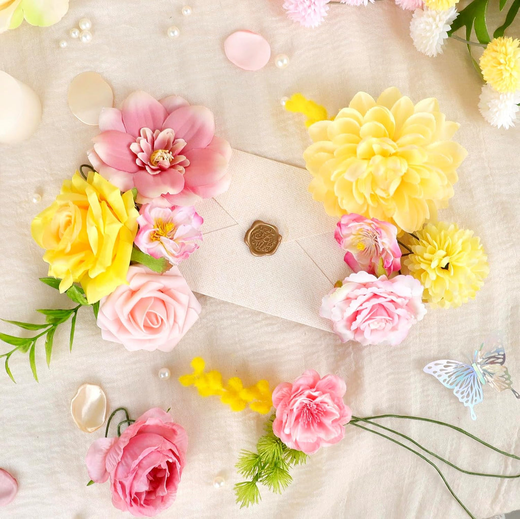 Pink and Yellow Artificial Flowers, Fake Rose Silk Flower for Centerpieces Pastel Flowers for DIY Wedding Bridal Bouquet Baby Shower Birthday Party Home Decorations