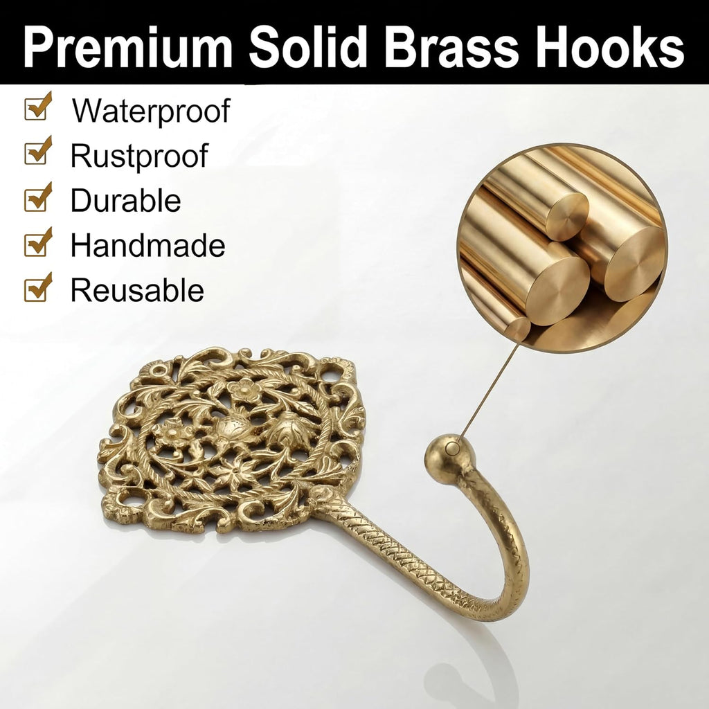 Indian Shelf Set of 3 Solid Brass Boho Wall Hooks for Coats and Keys