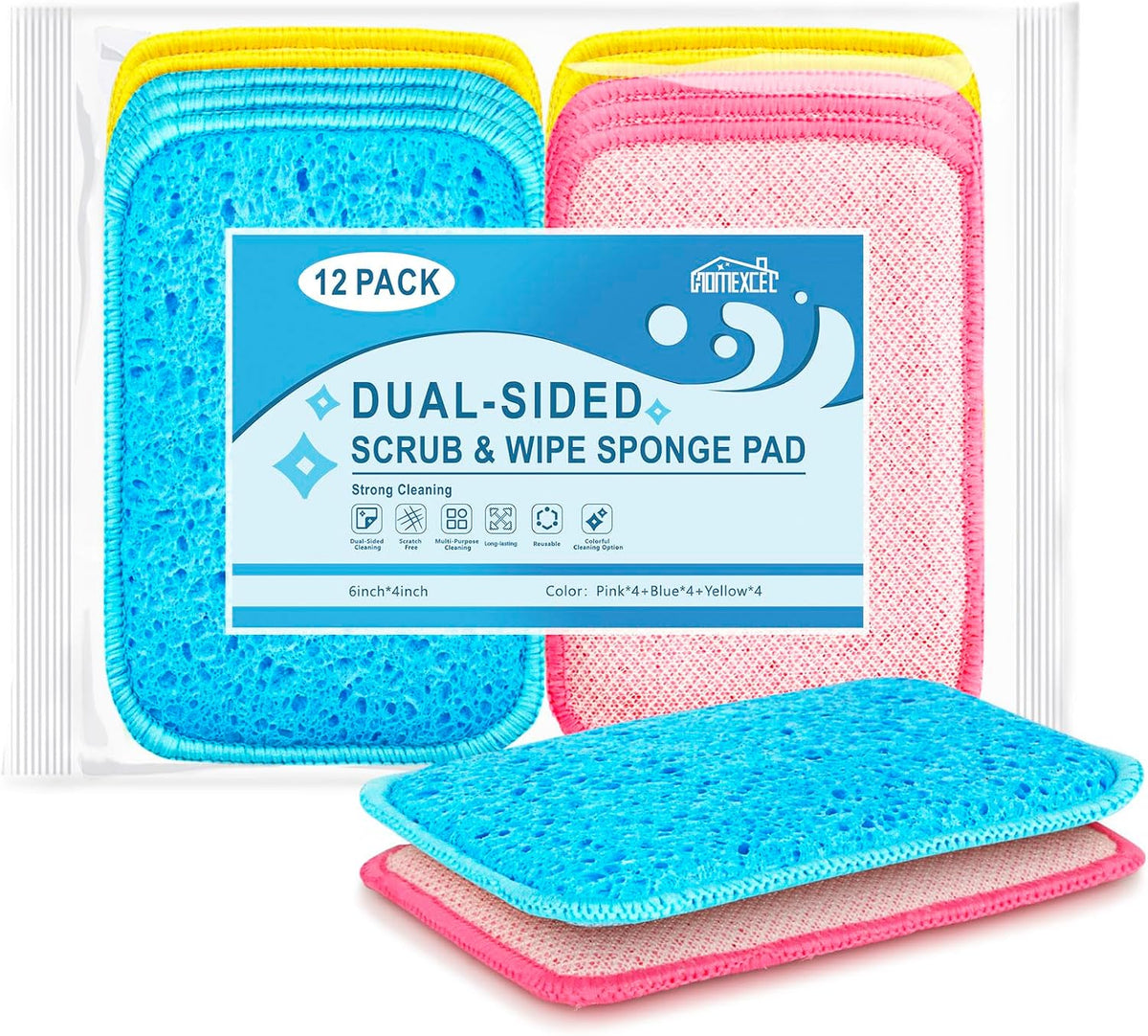HOMEXCEL 12PK Scrub&Wipe Cloths, Dual-Sided Non-Scratch Sponges for Kitchen