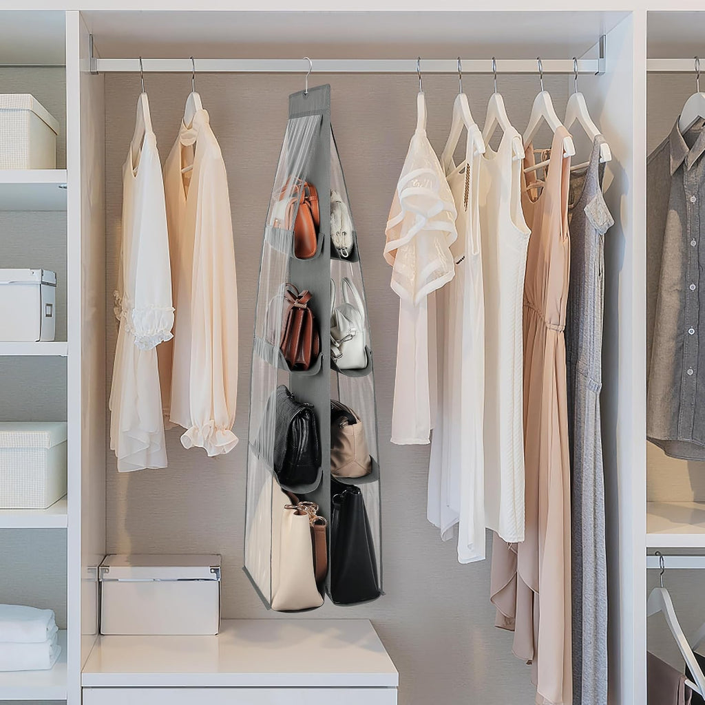 8-Pocket Hanging Handbag Purse Organizer for Closet, Grey