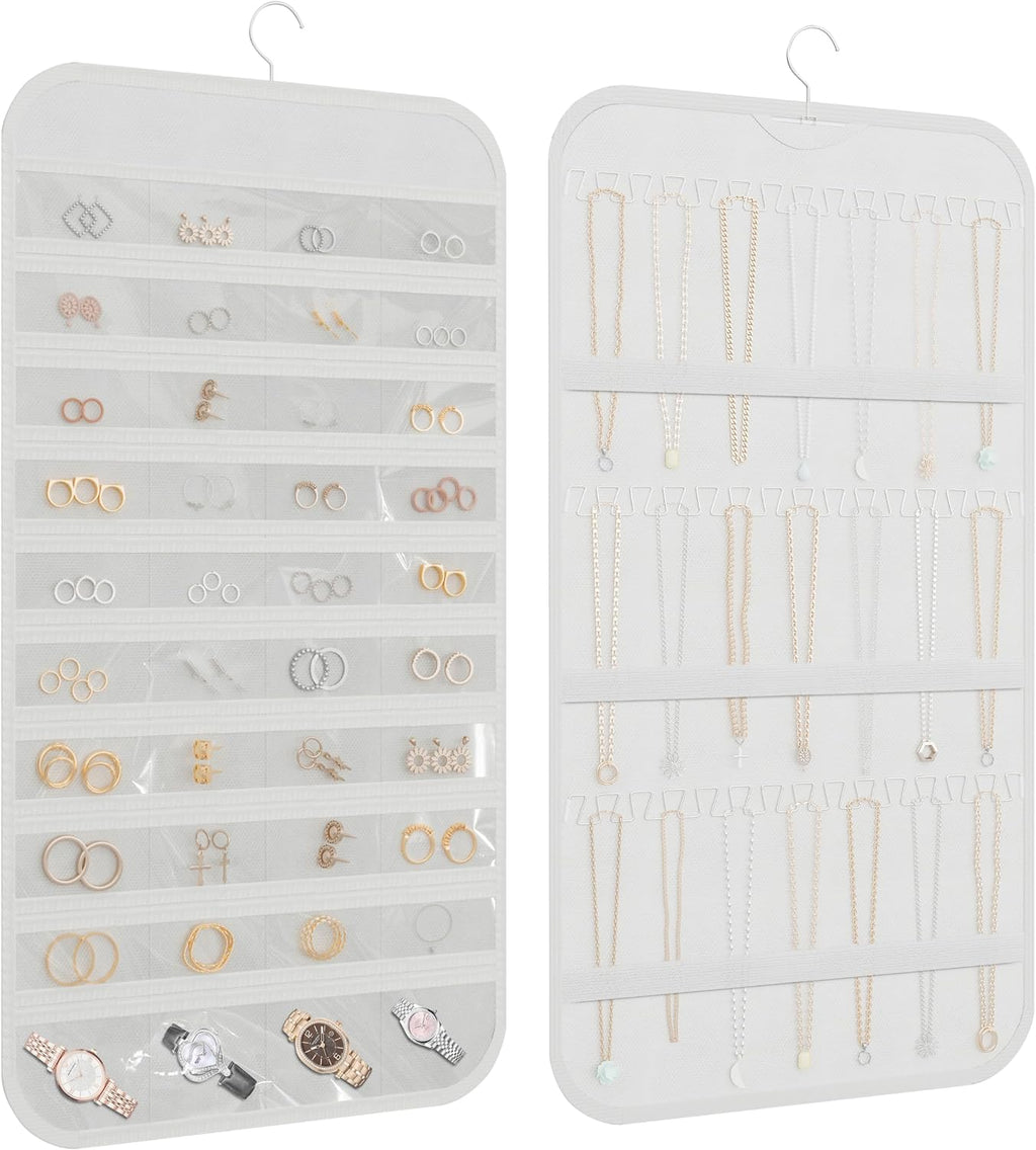 Double-Sided Hanging Jewelry Organizer for Necklaces Earrings, 2-Pack White
