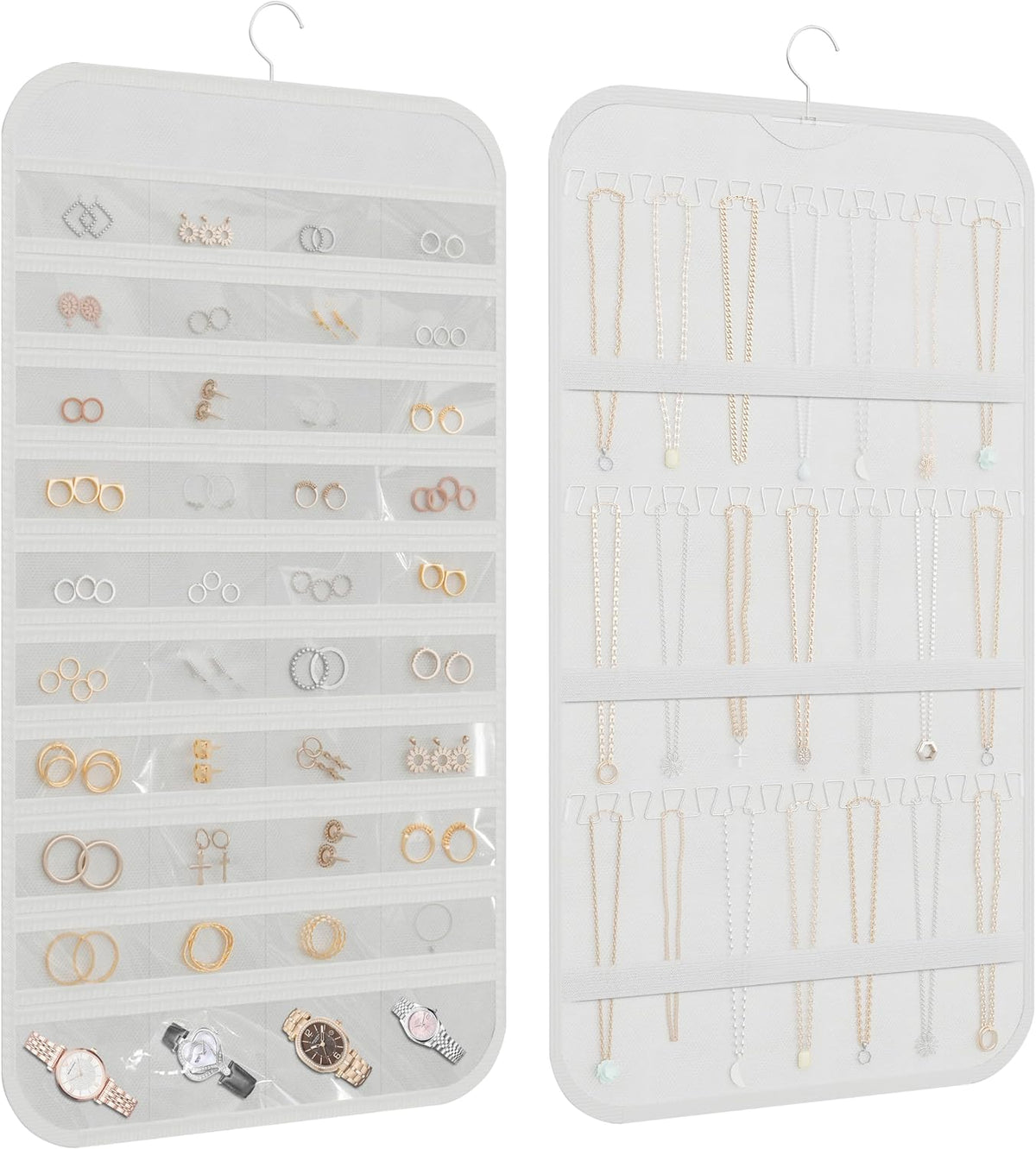 Double-Sided Hanging Jewelry Organizer for Necklaces Earrings, 2-Pack White
