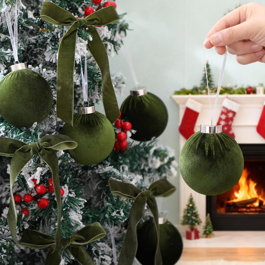 Wettarn 30 Sets Velvet Christmas Ornaments Balls & Bows, Green