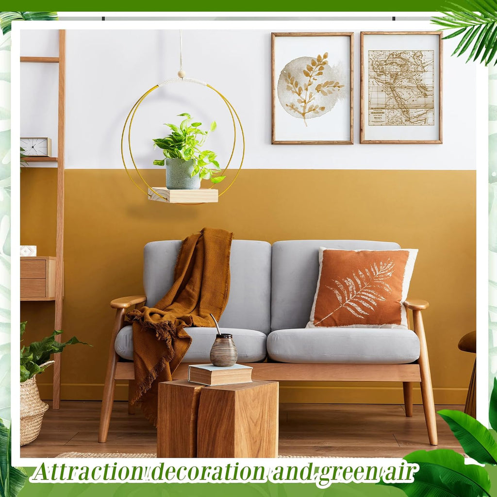 Geelin 4 Pcs Hanging Plant Holder with Wood Base Window Planter Boho, Gold
