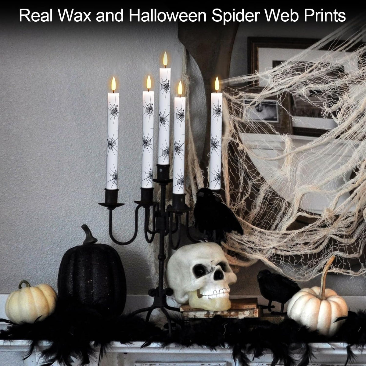 GenSwin Real Wax Flameless Taper Candles, 4 Pack Halloween LED Taper Candles Battery Operated with Remote Timer, Flameless Candlesticks with Spider Web Prints for Halloween Decoration (0.75” x 9.65”)