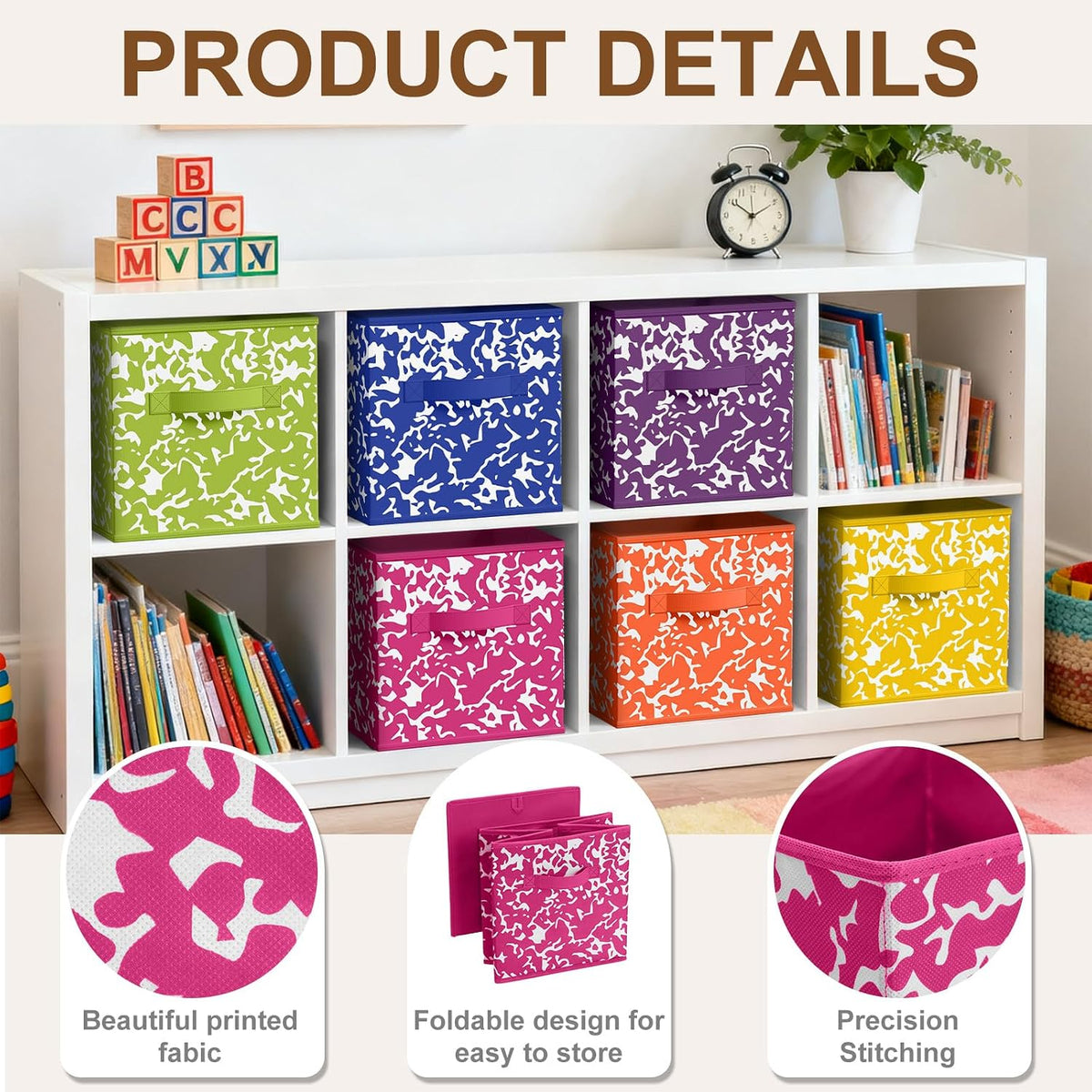 LemonRoad 6 Fabric Cube Storage Bin 11'' Classroom Bin, Rainbow, Classic