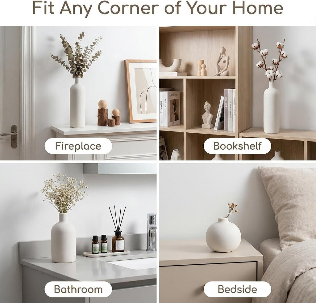 White Ceramic Vase Set of 4, Modern Minimalist Colors Home Decor, Decorative Flowers Vases for Bouquet, Pampas | Table Mantel Centerpiece Bookshelf Living Room Bedroom (White Set of 4)