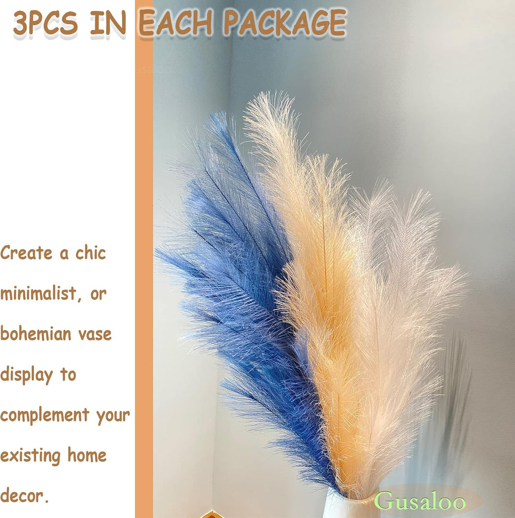 Artificial Faux Pampas Grass Large, 47"/120cm Bundle of 3 Fake Artificial Pampas Grass Tall Fluffy Stems, Floor Vase Filler for Living Room Kitchen Decor Boho Decor Wedding - White