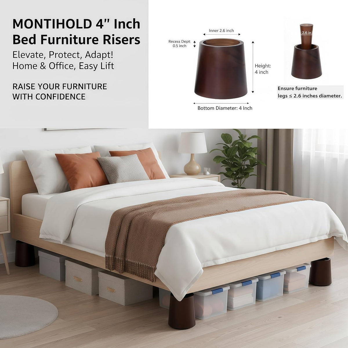4 Inch Premium Pine Wood Bed Risers - Heavy-Duty Sturdy Lifts for Strong Support, Decor Enhancement (Dark Brown)