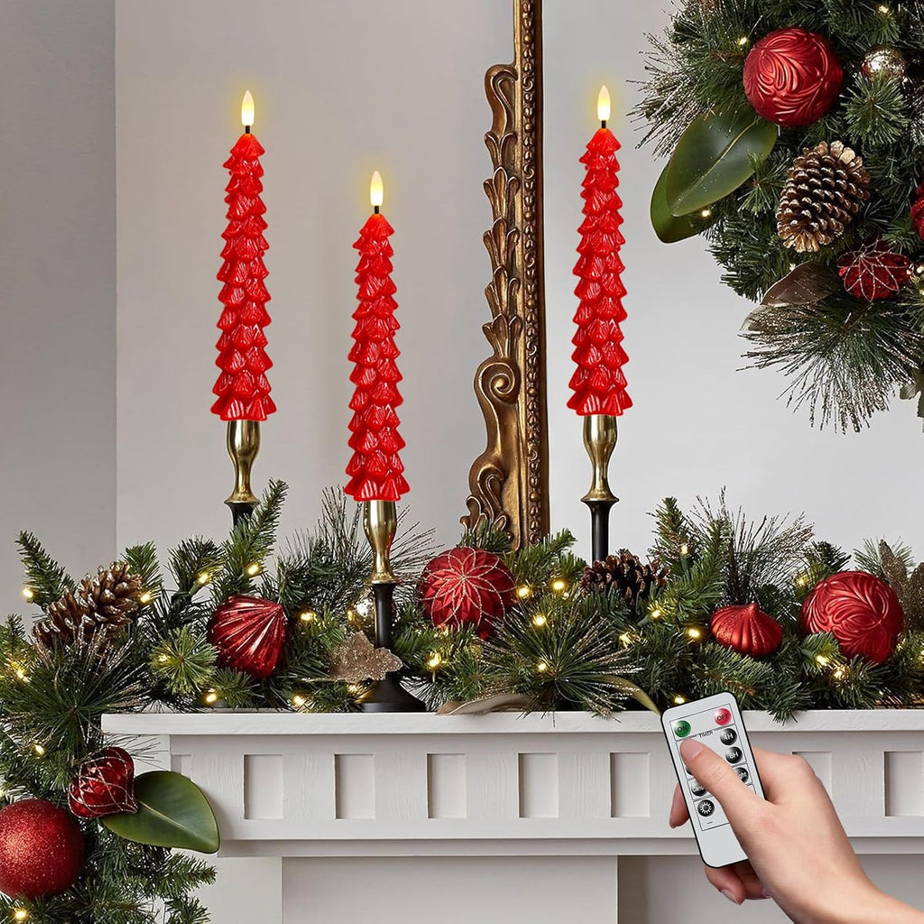 Red Christmas Tree Flameless Taper Candles Battery Operated Remote Timer