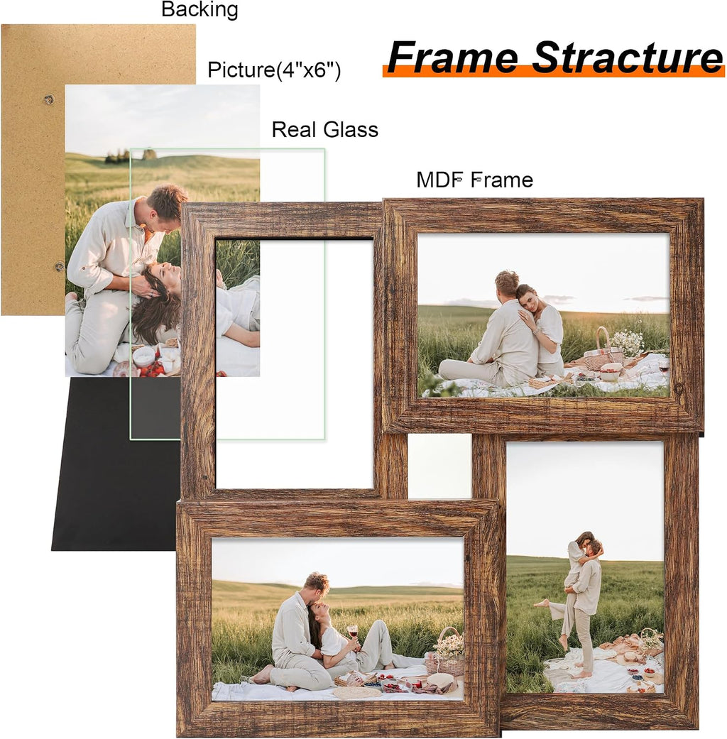 YESKAY 4x6 Collage Picture Frames, Multi Family Photo Frame with Real Glass, Displays Four 4x6 Photo, Wall Decor Wall Hanging or Tabletop, Rustic Brown