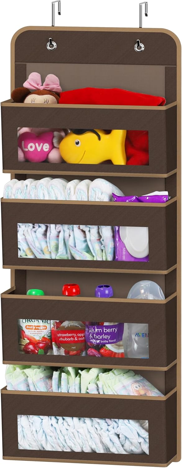 Simple Houseware 4 Clear Window Pocket Over Door Hanging Organizer, Brown