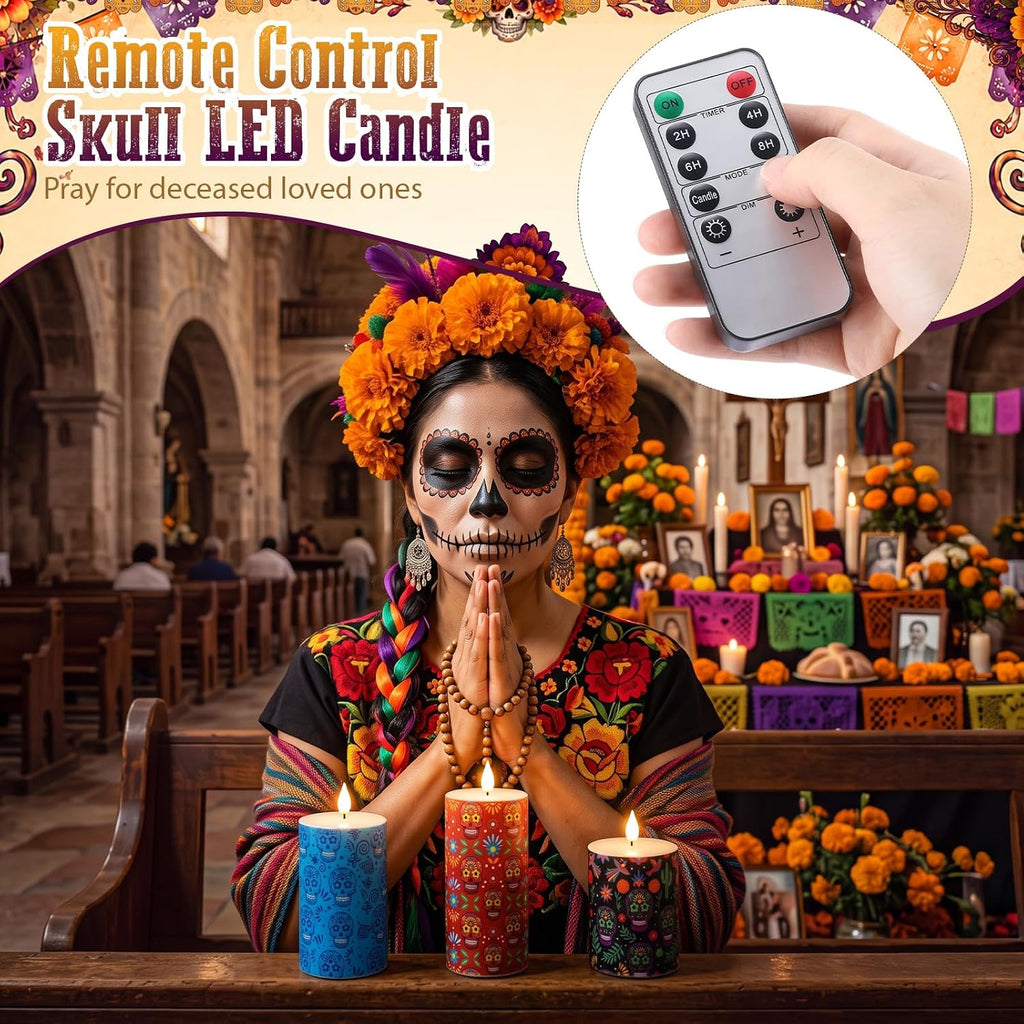 3 Pcs 4/6/10" Flameless LED Candles with Remote, Battery Operated, Skull