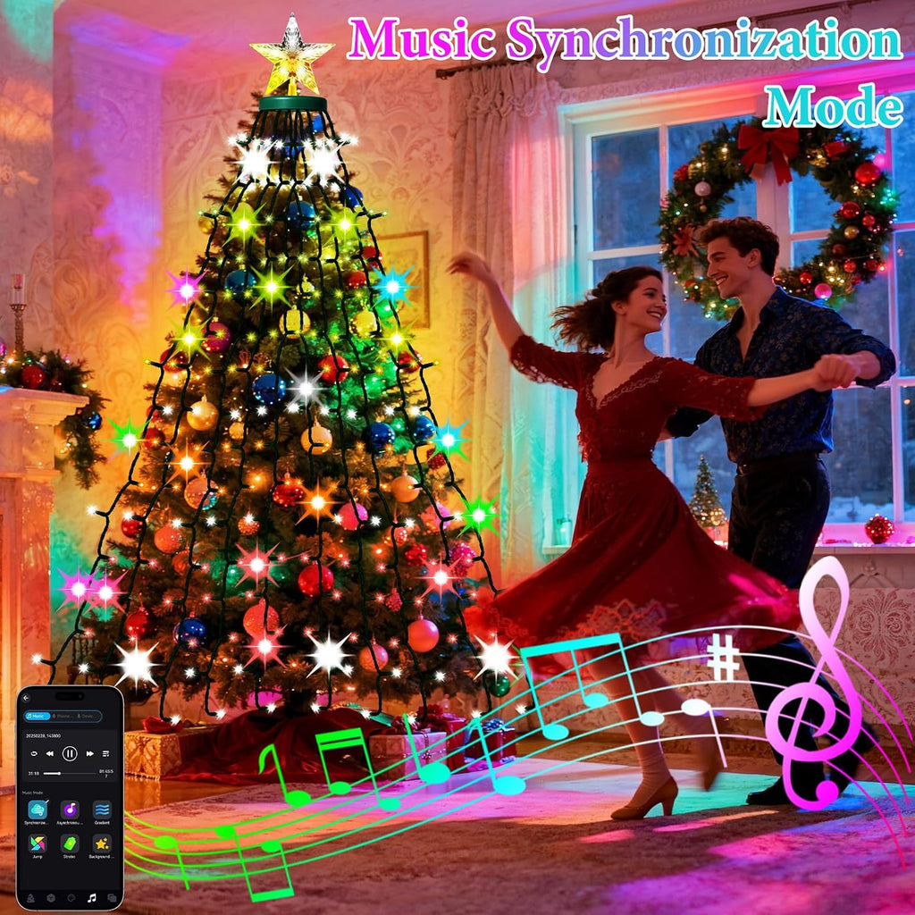 Smart Valentine's Day Lights with Star Topper, APP Control Music Sync Color Changing RGB Christmas String Lights, Cascading Twinkle Lights for Indoor Outdoor Xmas Tree Decorations