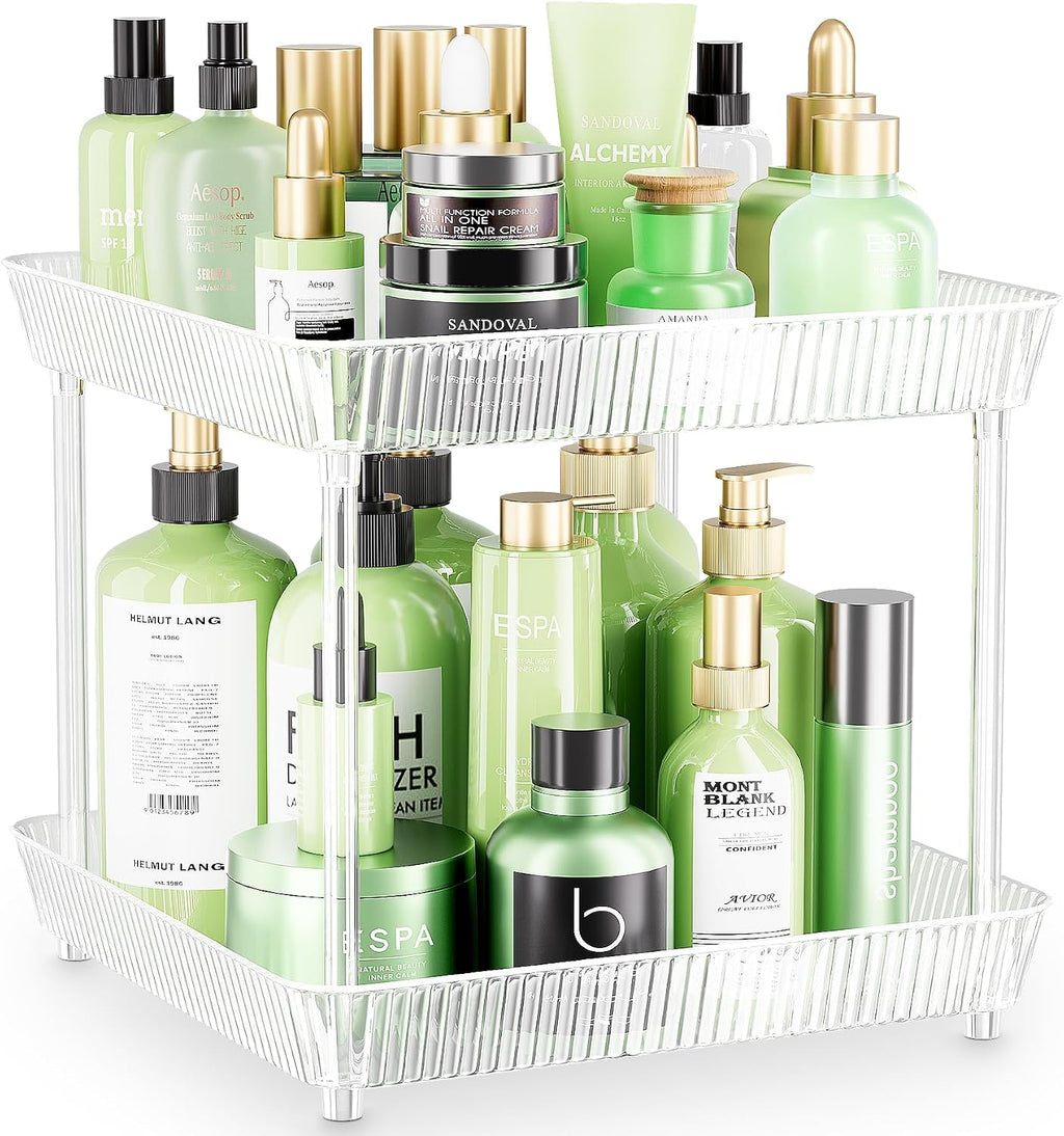 2 Tier Lazy Susan Bathroom Countertop Organizer, 360° Clear Rotating Square Storage Tray, Cosmetics and Perfume Organizer, Spinning Storage Tray Vanity Organizer Shelf for Bathroom Cabinet, Kitchen