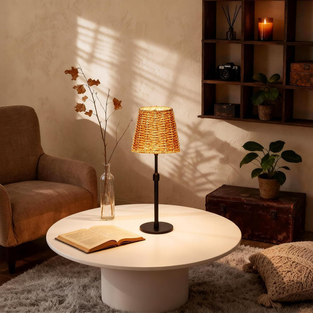 Mr.White Outdoor Waterproof Rechargeable Cordless Table Lamp with Wicker Shade, 5200mAh Battery Operated Table Light with Telescopic Pole, for Patio Restaurant Kitchen (Black)
