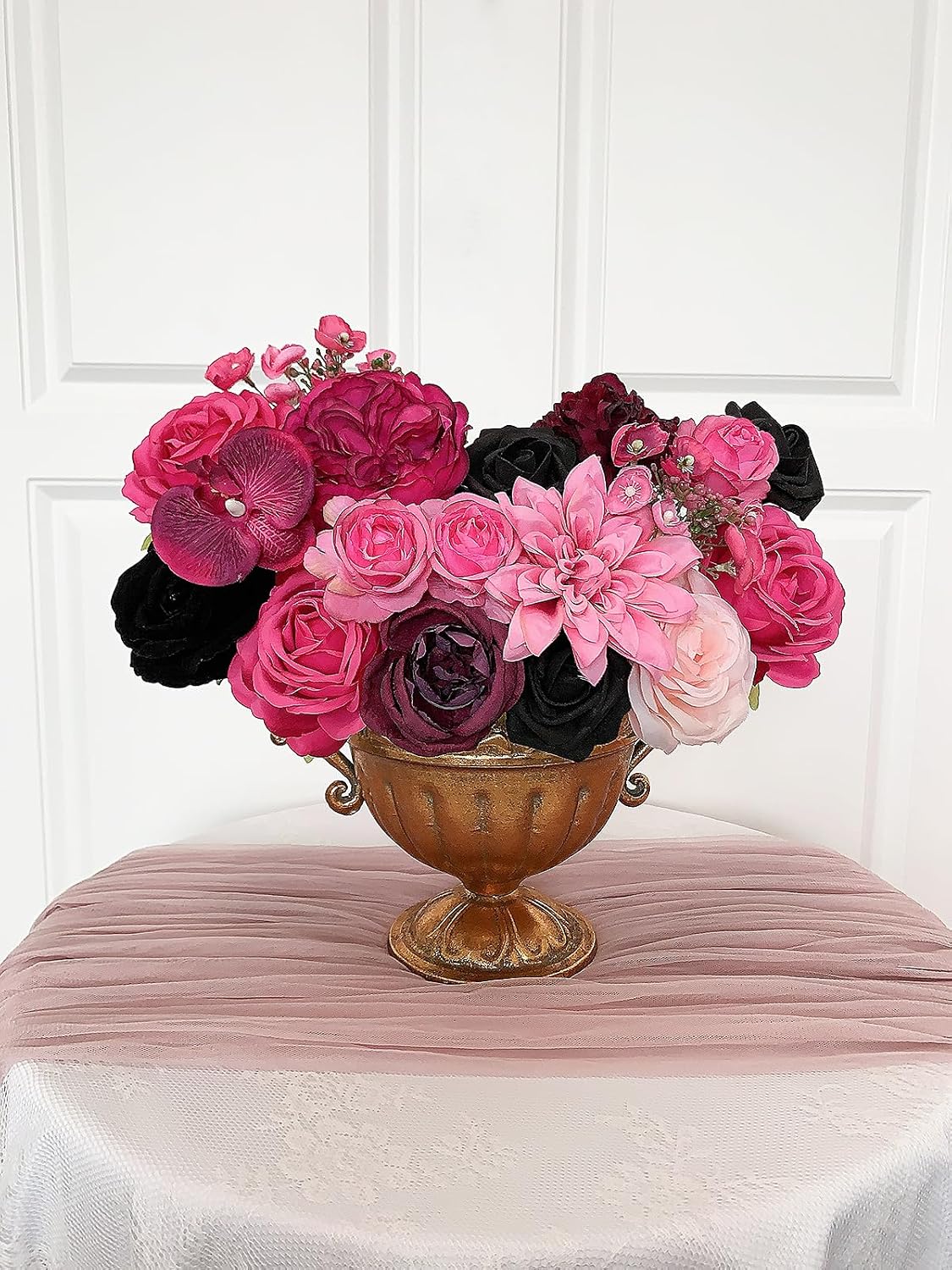 FACINOC Roses Artificial Flowers Fuchsia Pink Black Fake Flower Bouquet